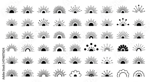 Vector art of collection of stylized sunburst and sunrise icons