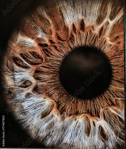 detail of an eye pupil with a colored lens reflecting external light