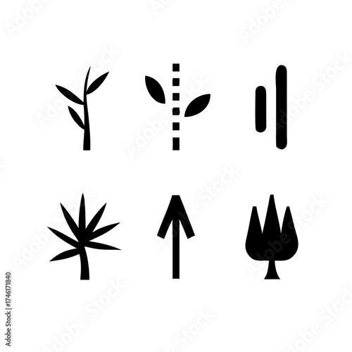 Vector art of set of six different plant icons collection of various plant shapes, representing different types of trees and plants in simple line art