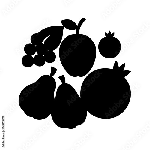 Vector art of silhouette of various fruits, including grapes, apple, pomegranate, and pears, creating a simple yet appealing composition