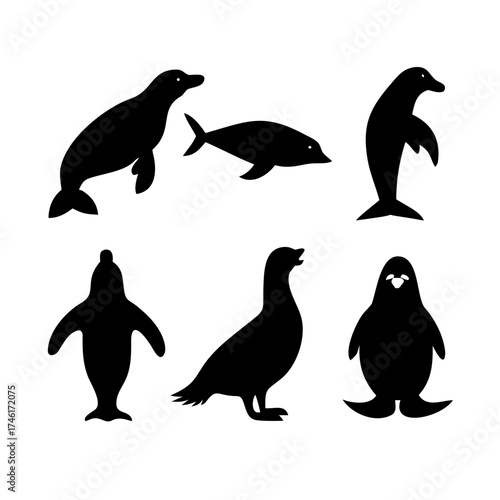 Vector art of silhouette of arctic animals, including seals and penguins in various poses, perfect for educational materials or wildlife illustrations