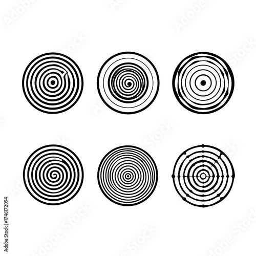 Vector art of six black and white spiral icons a collection of minimalist designs featuring swirling patterns, ideal for various creative projects and graphic design