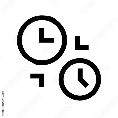 Vector art of two clocks showing different times the clocks are simple line drawings, with one clock being round and the other being round