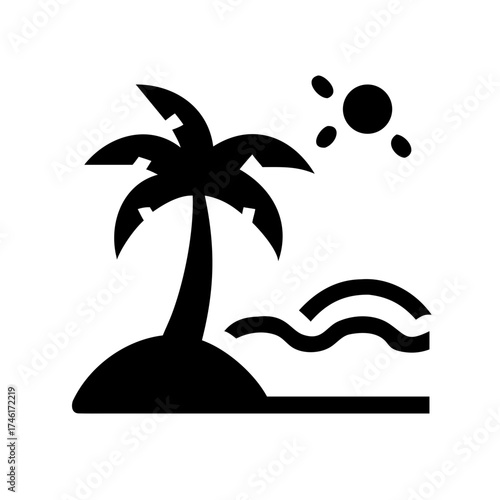 Vector art of tropical island paradise with palm tree, sun, and ocean waves, a serene escape to a sunny beach vacation destination