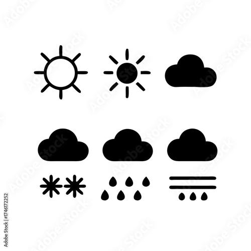 Vector art of weather forecast icons set contains sun, partly sunny, cloud, rain, snow, and fog icons vector illustration for weather apps