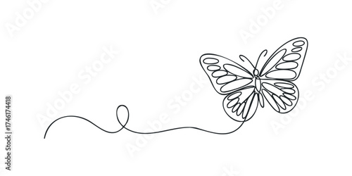 Minimalist single line drawing of a butterfly with flowing trail