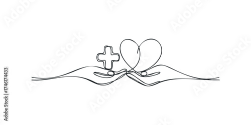 Abstract line drawing of hands holding heart and cross symbols
