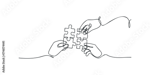Multiple hands joining puzzle pieces in symbolic unity