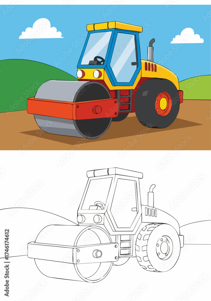 Naklejka premium Road Roller Construction Vehicle Coloring Page.