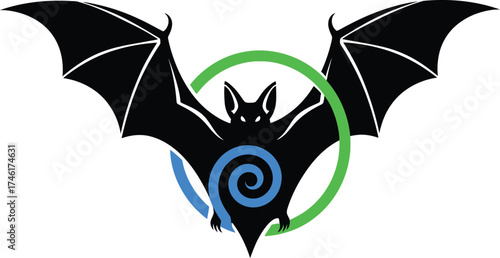 Black silhouette of a flying bat with spread wings, centered in a green circle and featuring a blue spiral swirl on its body for a dynamic, spooky halloween, gothic, or nature logo and icon design.
