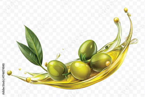 fresh smooth liquid olive flow fuel wave in mid air cut out and curve style isolated on transparent background