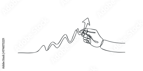 Hand holding upward arrow over fluctuating line graph