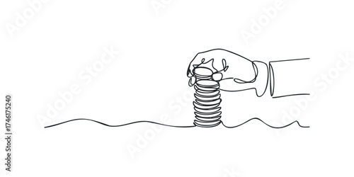 Hand stacking coins in single line drawing