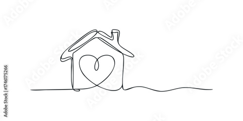 Continuous line drawing of a house with heart inside