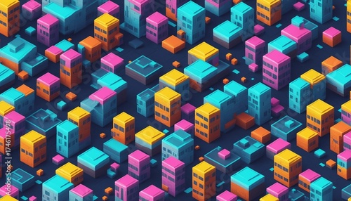 Isometric Neon Micro-City Blocks