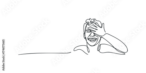 Man Laughing With Hand Covering Face Continuous Line Drawing