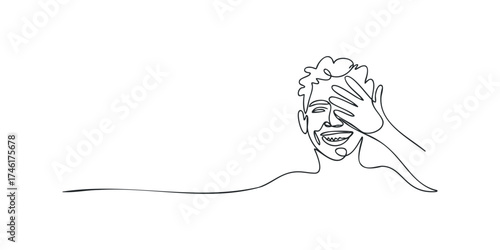 Laughing Person Hiding Face with Hand Minimalist Line Art