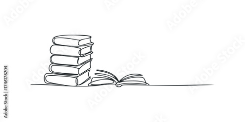 Simple line drawing of stacked books and an open book