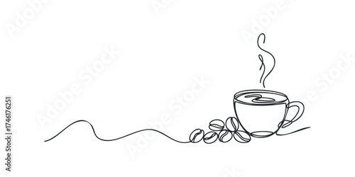One line drawing of coffee cup with steam and beans