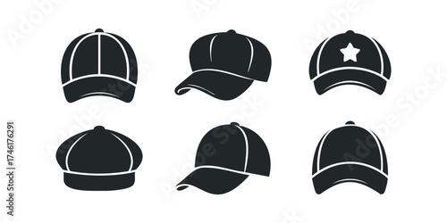 Six black silhouette baseball caps and hats