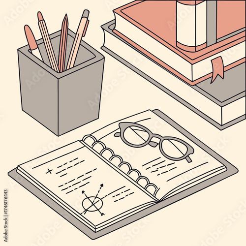 A desk setup featuring an open notebook with math equations and a graph a pen holder with writing utensils and a stack of books with reading glasses on top
