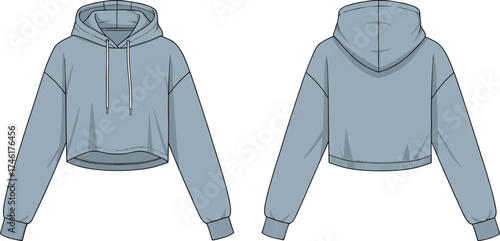 Women’s cropped hoodie flat sketch, front and back view with drawstring hood ribbed cuffs curved hem, CAD drawing flat vector illustration