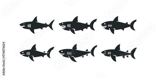 Six Stylized Shark Silhouettes Facing Different Directions