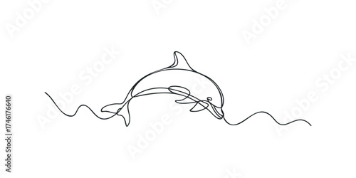 Minimalist single line drawing of a leaping dolphin