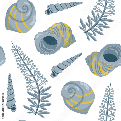 Seamless pattern with detailed shells and seaweed. Suitable for fabric, phone cases and stationery.