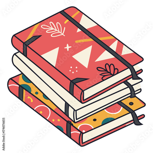 A stack of three colorful notebooks with decorative patterns and elastic closures presented in an isometric view