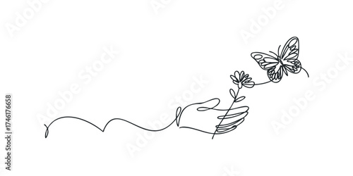 Hand holding flower with butterfly on white background