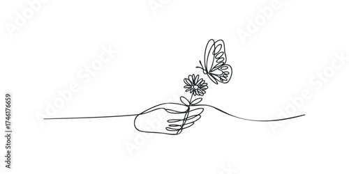 Hand holding flower and butterfly minimalist line drawing