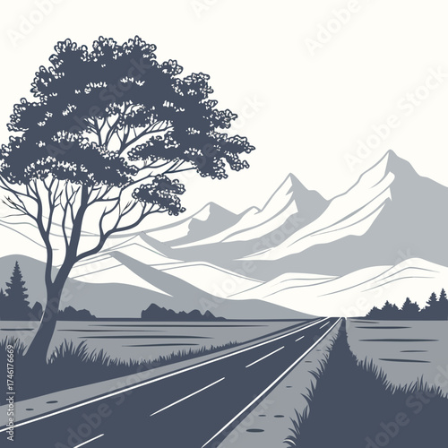 A solitary tree stands beside a long straight road leading towards majestic mountains under a clear sky
