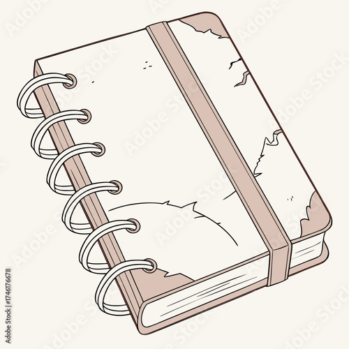A vintage spiral bound notebook with a worn cover and a simple elastic band closure isolated on a light background