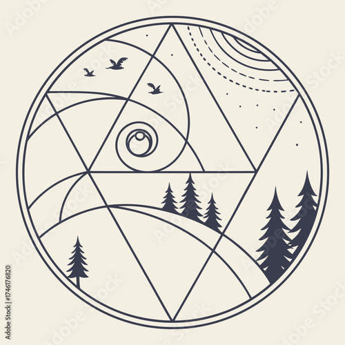 Geometric nature scene with spiral sun birds and trees within a circle symbolizing harmony and natural order