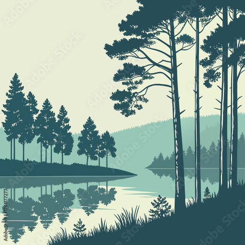 Serene silhouette of pine trees reflecting in a calm lake at dawn or dusk with muted colors