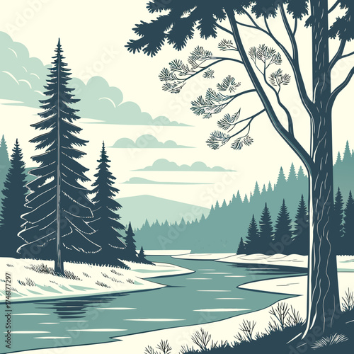Serene winter landscape with a winding river flowing through a snow covered forest under a cloudy sky