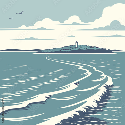 Stylized illustration of a tranquil ocean scene with a distant island and lighthouse under a cloudy sky with soaring seagulls