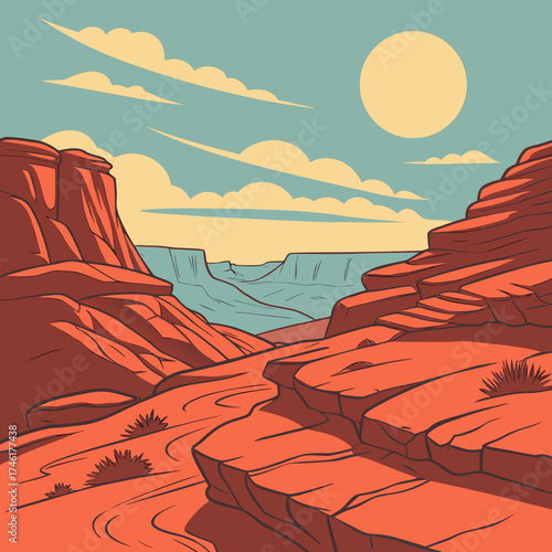 Stylized illustration of a vast desert canyon landscape with layered rock formations under a cloudy sky and a bright sun