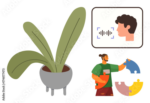 Potted plant with broad leaves, face beside voice recognition audio wave, person assembling colorful puzzle pieces. Ideal for growth, technology, teamwork, problem-solving, innovation, connection