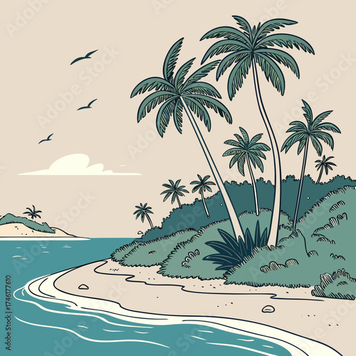 Tropical island paradise with palm trees sandy beach turquoise ocean waves and birds flying in a pastel sky