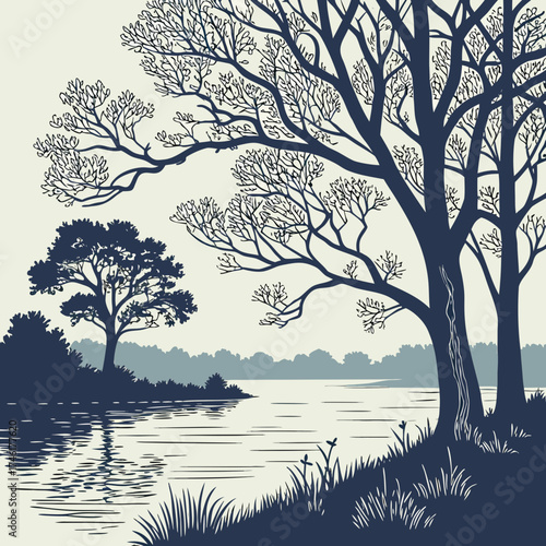 Stylized silhouette of bare trees and rippling water reflecting a serene landscape in a minimalist art style