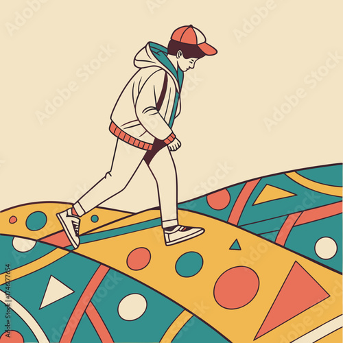 Young person in casual clothing walking on a colorful abstract landscape with geometric shapes and a neutral background