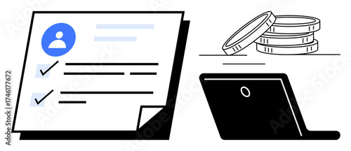 User profile with completed checklist beside an open laptop and stacked coins. Ideal for productivity, finance, digital identity, task completion, remote work, online business, simple flat metaphor