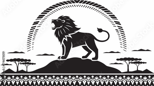 Majestic lion roaring proudly atop a hill in African landscape, a symbol of power and resilience