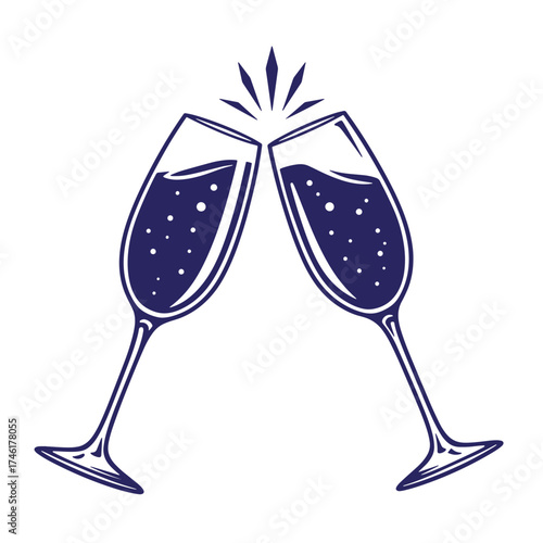 Two champagne glasses clinking celebrating a toasting moment with vintage style