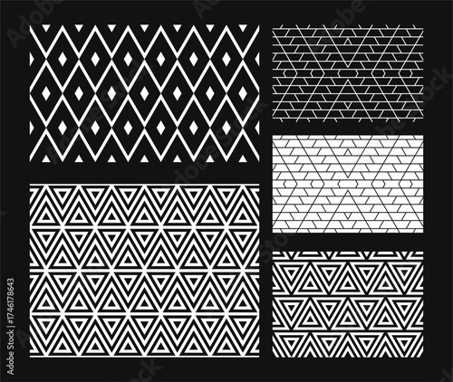 seamless black and white geometric patterns with bold optical illusion style