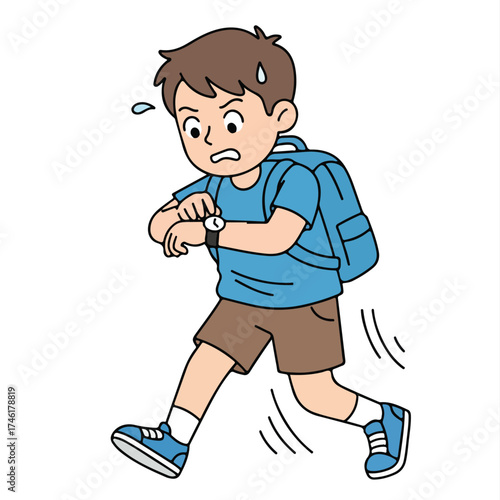 Worried Schoolboy Running Late Checking Time on Wristwatch