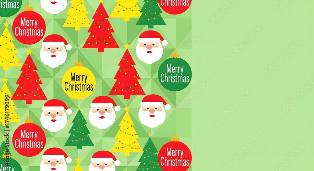 Fototapeta premium Festive Christmas seamless pattern with Santa faces, colorful trees, Merry Christmas text circles on a geometric green background, cheerful holiday design for greeting cards, gift wrap