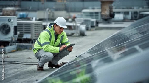 In the foreground is a man wearing a construction helmet and a reflective vest. He is in a crouched position and holds a measuring device in his hands.